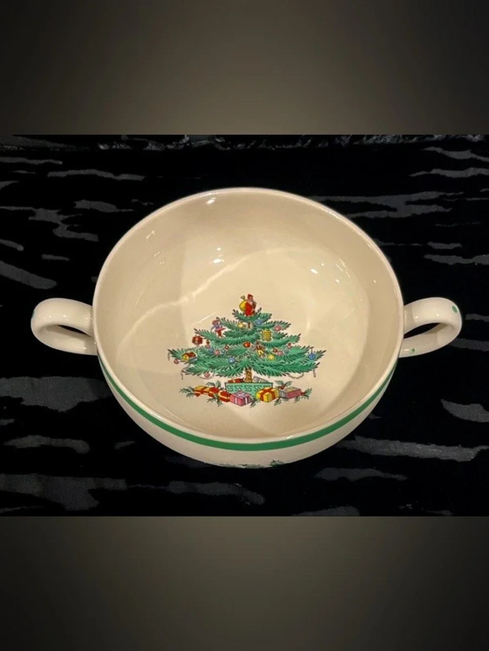 Vintage Spode Christmas Tree Double Handle Cream Soup Bowl Made in England 1988
